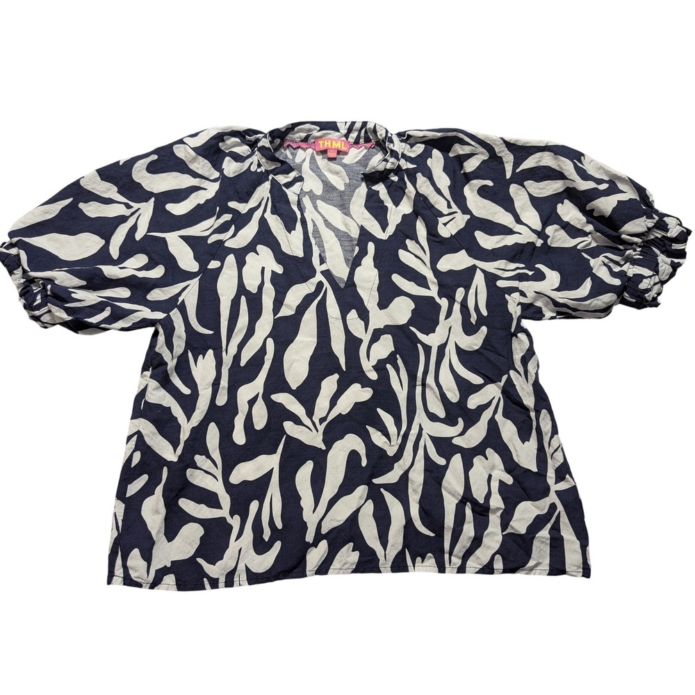 THML Navy White Abstract Leaf Print Puff Sleeve V-Neck Linen Blend Blouse XXL